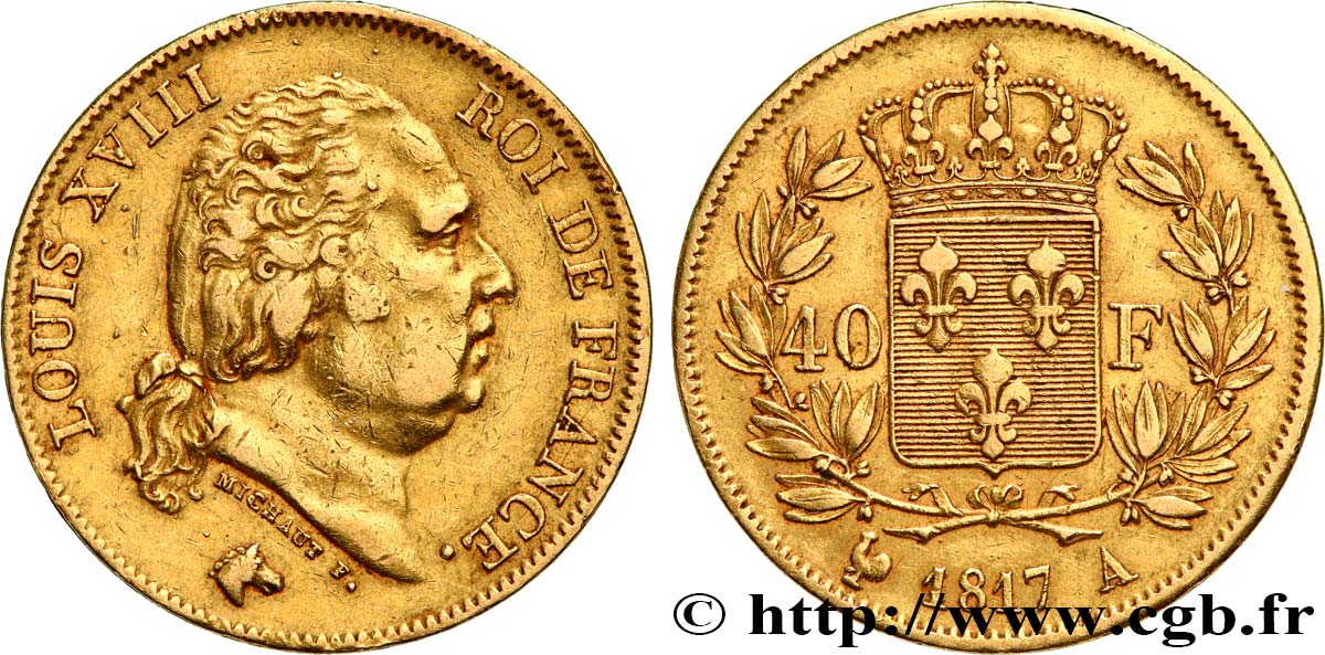 40 francs or Louis XVIII 1817 Paris F.542/6 MBC 