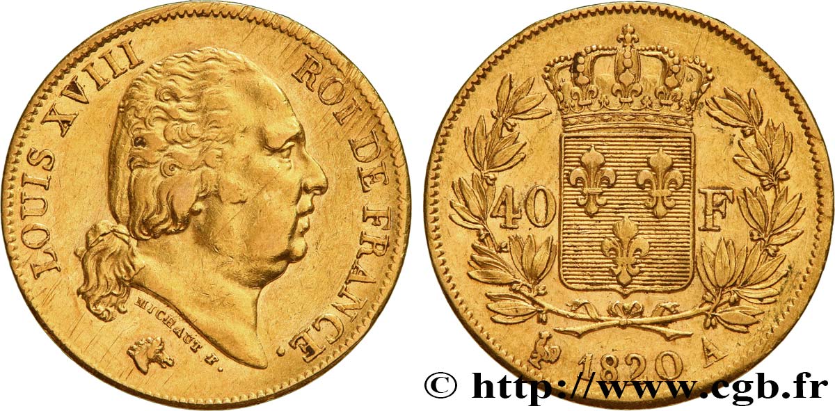 40 francs or Louis XVIII 1820 Paris F.542/10 TTB 