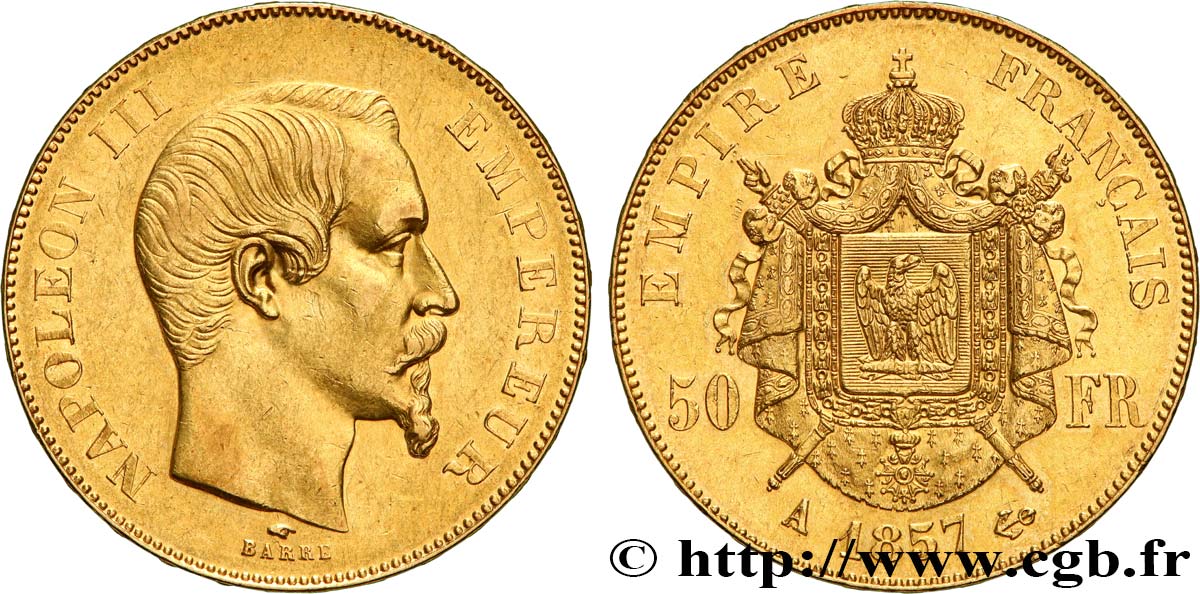 50 francs or Napoléon III, tête nue 1857 Paris F.547/4 EBC 