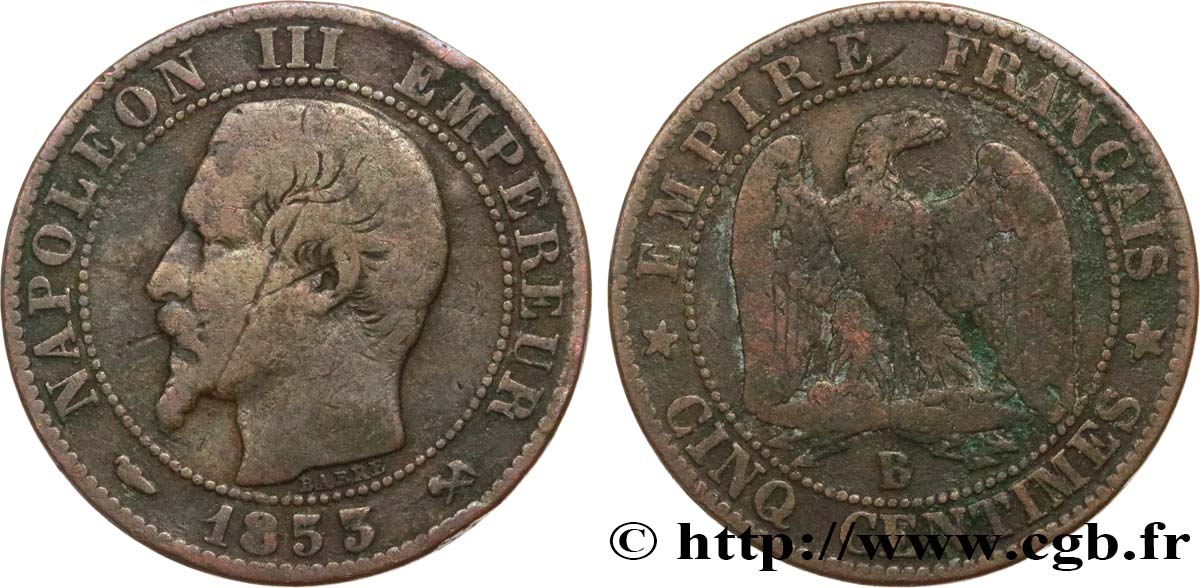 Cinq centimes Napoléon III, tête nue 1853 Rouen F.116/2 VG 