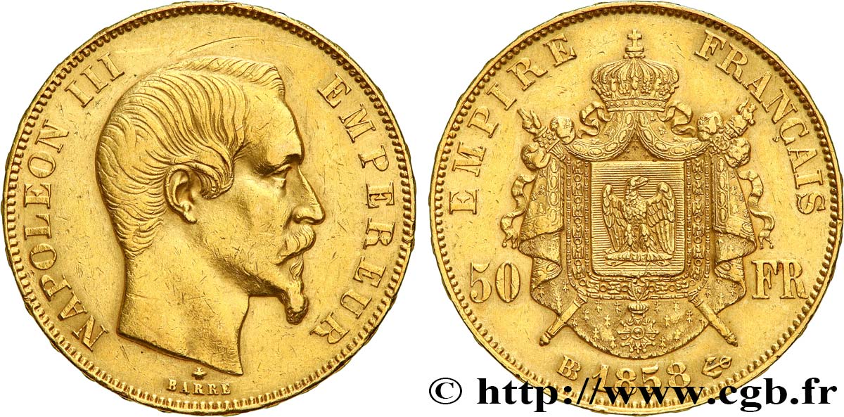 50 francs or Napoléon III, tête nue 1858 Strasbourg F.547/6 XF 