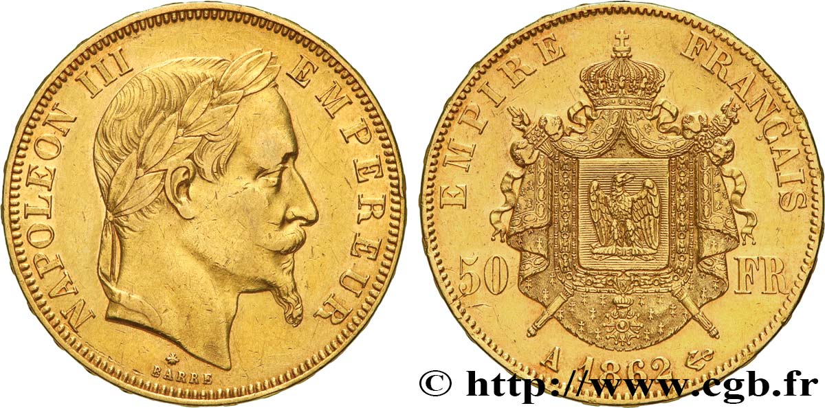50 francs or Napoléon III, tête laurée 1862 Paris F.548/1 BB 
