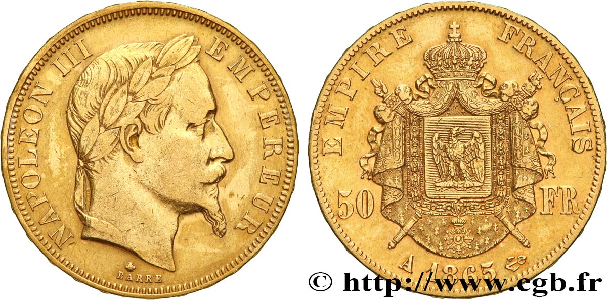 50 francs or Napoléon III, tête laurée 1865 Paris F.548/5 BC+ 