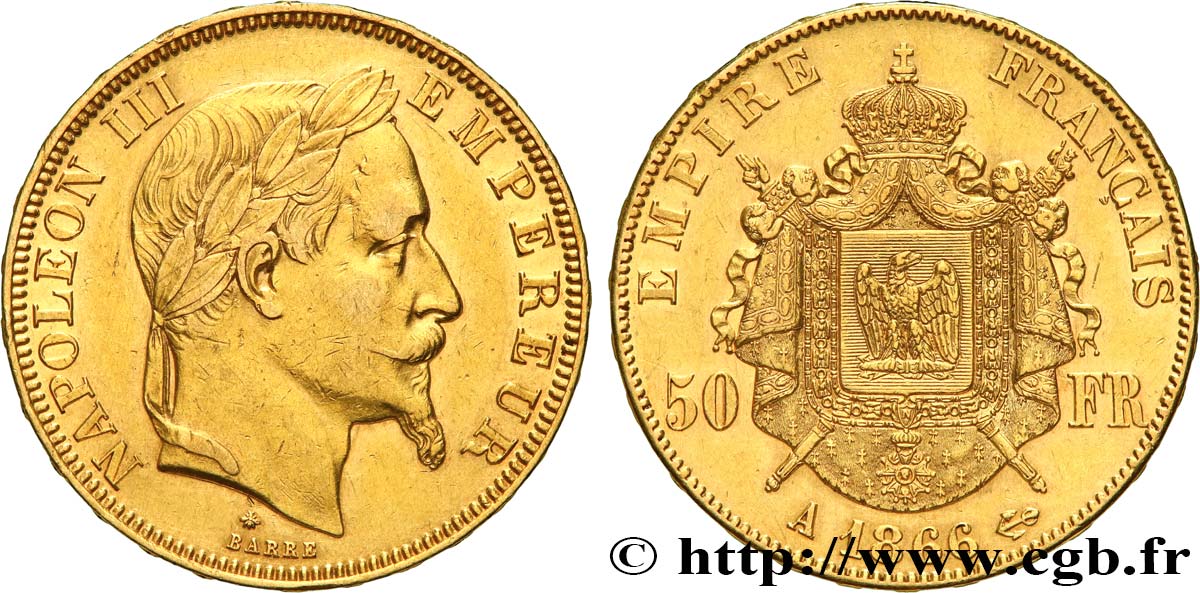50 francs or Napoléon III, tête laurée 1866 Paris F.548/6 MBC 
