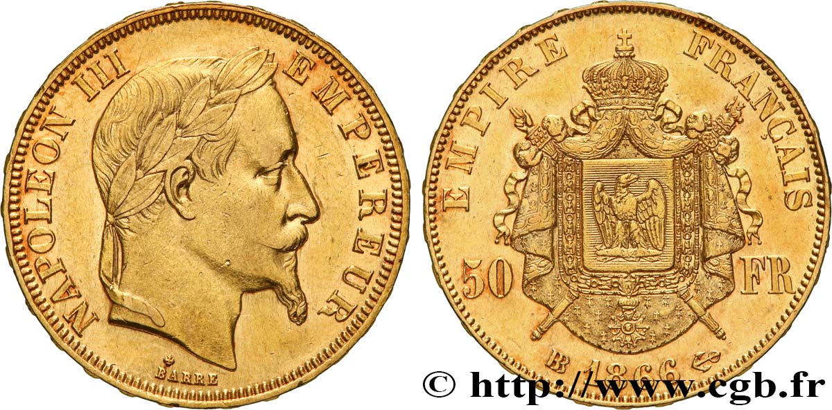 50 francs or Napoléon III, tête laurée 1866 Strasbourg F.548/7 TTB+ 