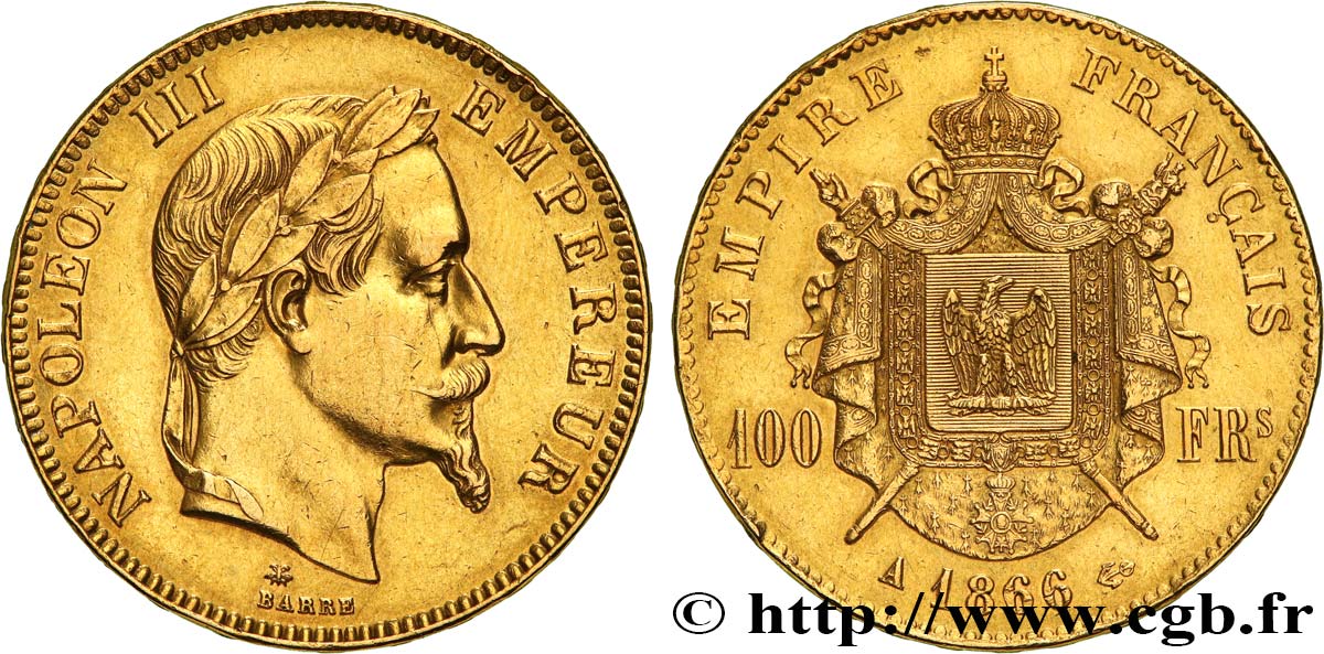 100 francs or Napoléon III, tête laurée 1866 Paris F.551/6 SPL 