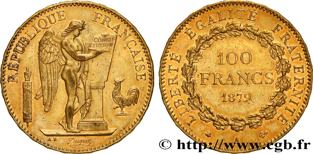 100 francs or Génie, tranche inscrite en relief Dieu protège la France 1879 Paris F.552/2 AU 