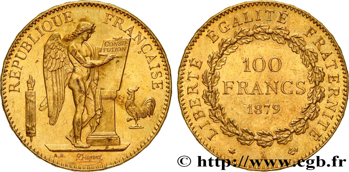100 francs or Génie, tranche inscrite en relief Dieu protège la France 1879 Paris F.552/3 AU55 