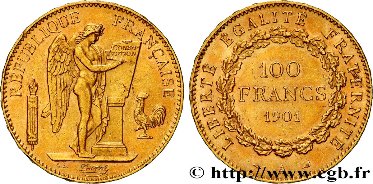 100 francs or Génie, tranche inscrite en relief Dieu protège la France 1901 Paris F.552/14 AU 