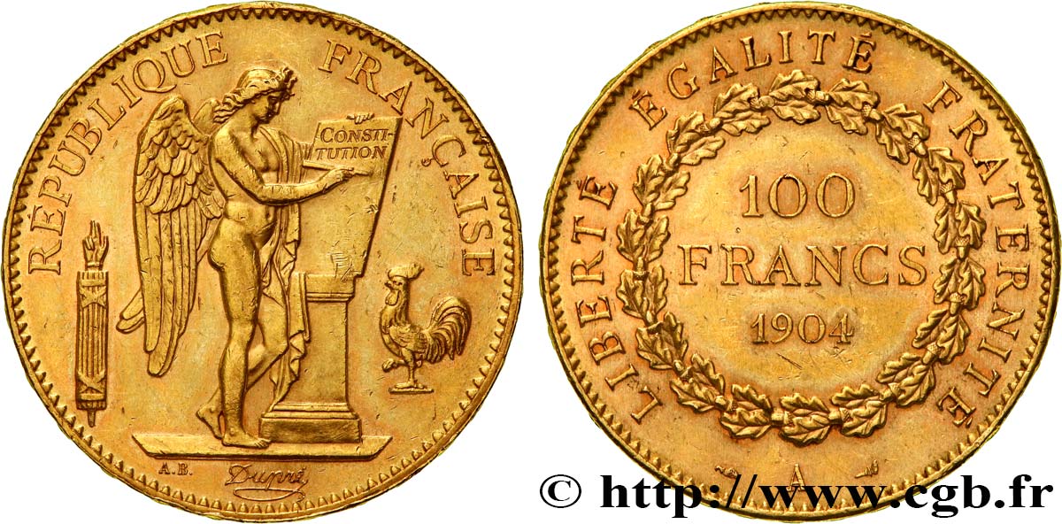 100 francs or Génie, tranche inscrite en relief Dieu protège la France 1904 Paris F.552/17 AU 