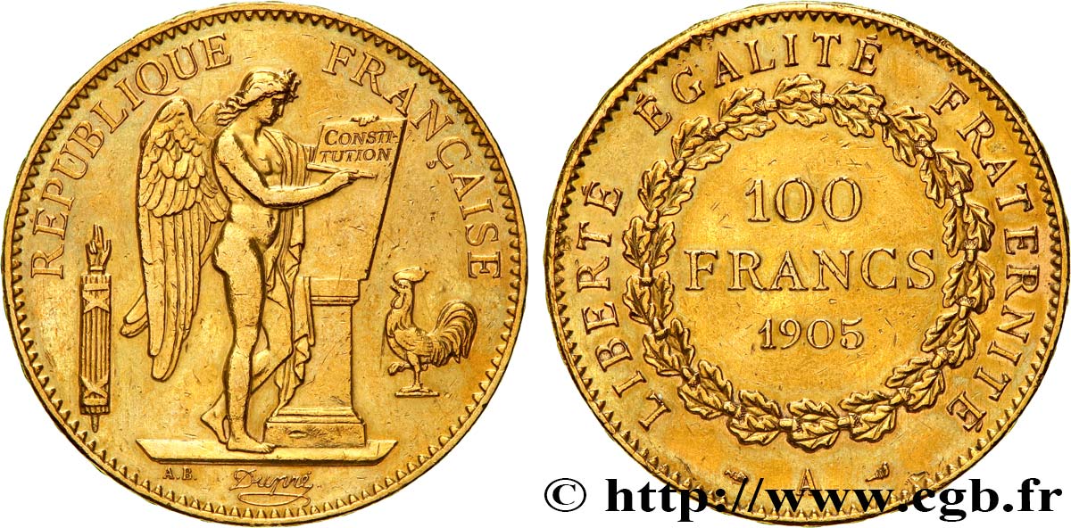 100 francs or Génie, tranche inscrite en relief Dieu protège la France 1905 Paris F.552/18 q.SPL 