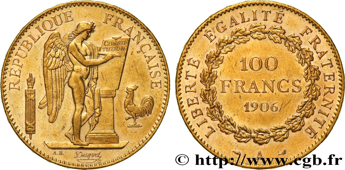 100 francs or Génie, tranche inscrite en relief Dieu protège la France 1906 Paris F.552/19 TTB+ 