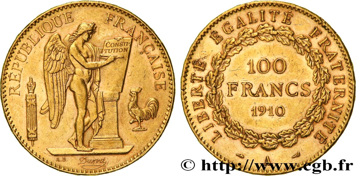 100 francs or Génie, tranche inscrite en relief Liberté Égalité Fraternité 1910 Paris F.553/4 TTB+ 