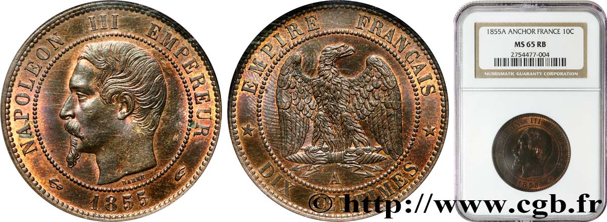 Dix centimes Napoléon III, tête nue 1855 Paris F.133/20 FDC65 NGC