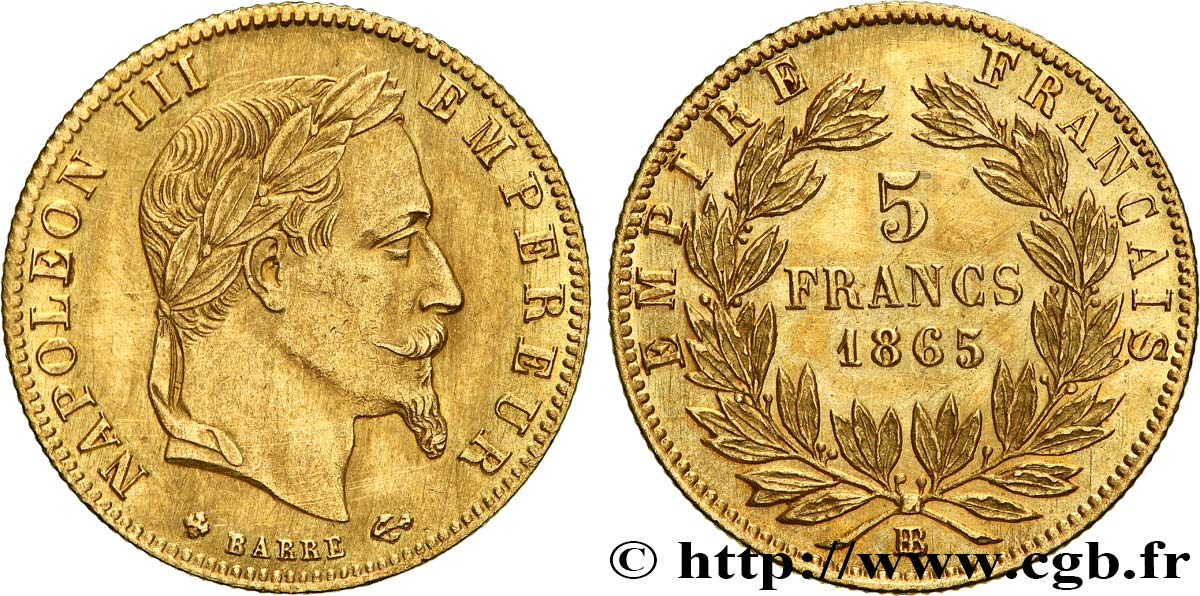 5 francs or Napoléon III, tête laurée 1865 Strasbourg F.502/8 SPL 