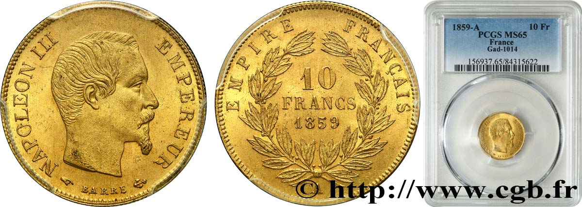 10 francs or Napoléon III, tête nue 1859 Paris F.506/7 MS65 PCGS