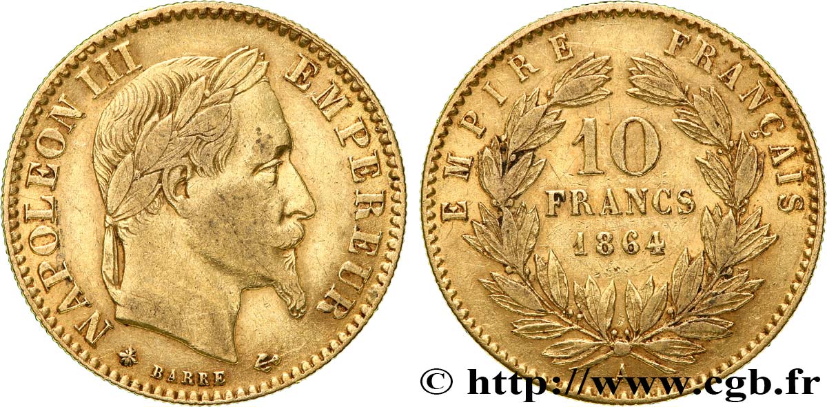 10 francs or Napoléon III, tête laurée, type définitif à grand 10 1864 Paris F.507A/6 TB35 
