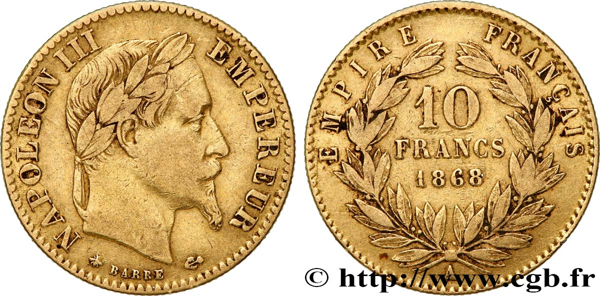 10 francs or Napoléon III, tête laurée 1868 Paris F.507A/17 BC35 