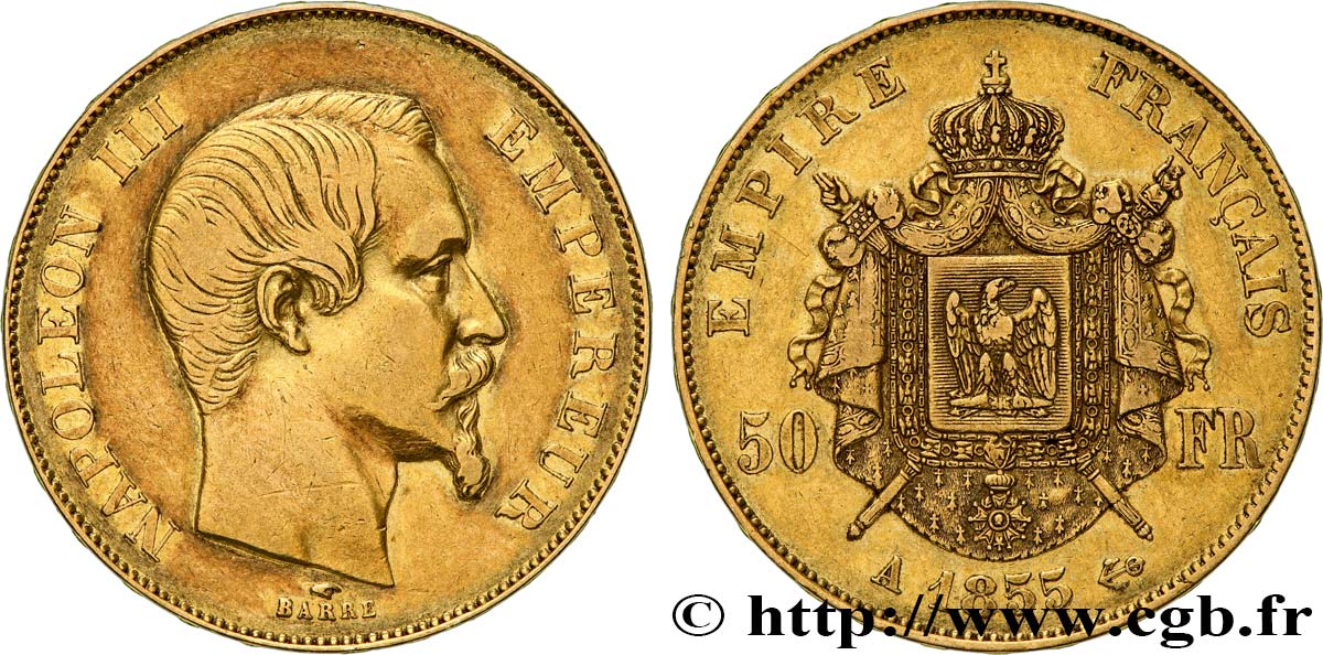 50 francs or Napoléon III, tête nue 1855 Paris F.547/1 XF45 