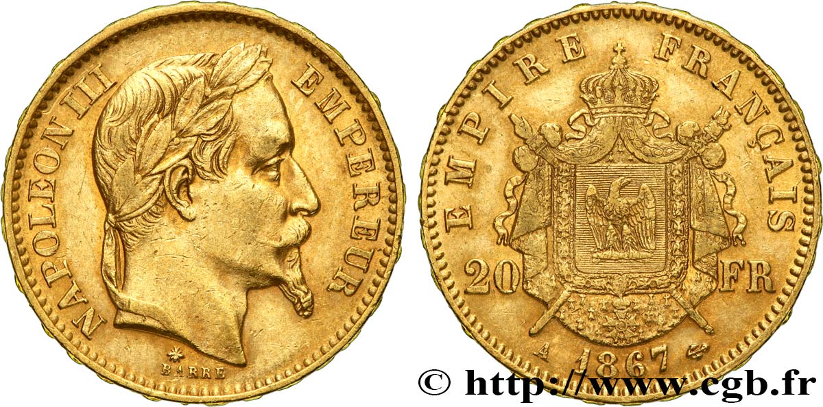 20 francs or Napoléon III, tête laurée 1867 Paris F.532/15 TTB45 