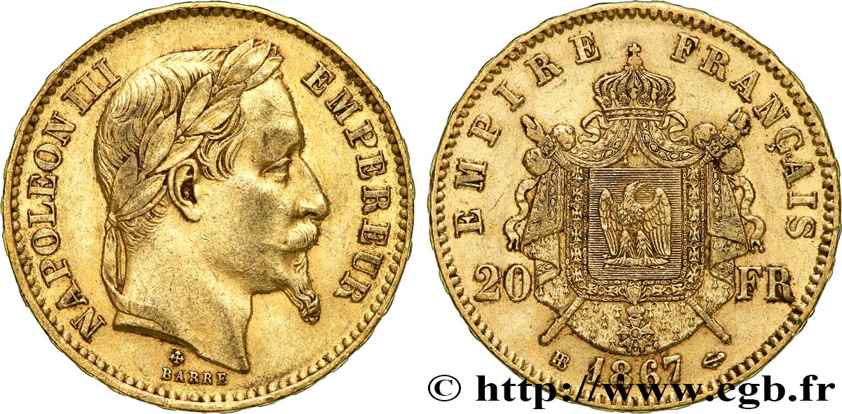 20 francs or Napoléon III, tête laurée 1867 Strasbourg F.532/16 XF45 