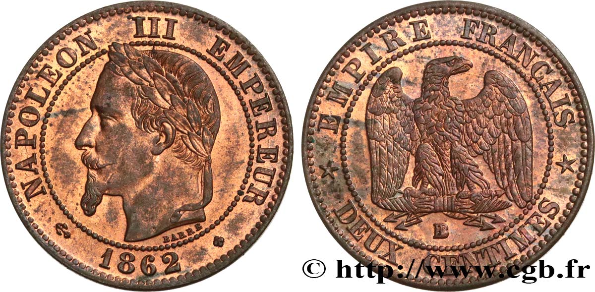 Deux centimes Napoléon III, tête laurée 1862 Strasbourg F.108A/6 SPL58 