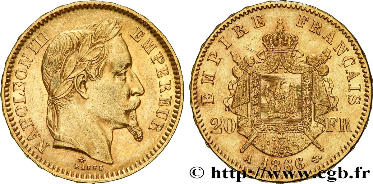 20 francs or Napoléon III, tête laurée 1866 Paris F.532/13 TTB 