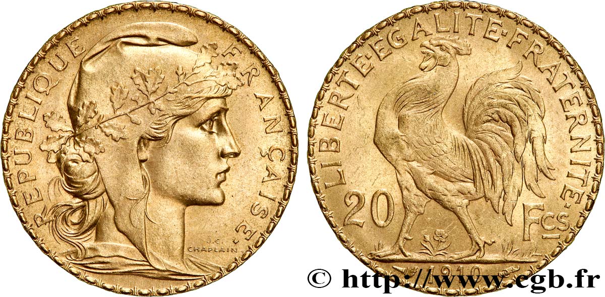 20 francs or Coq, Liberté Égalité Fraternité 1910 Paris F.535/4 SPL+ 