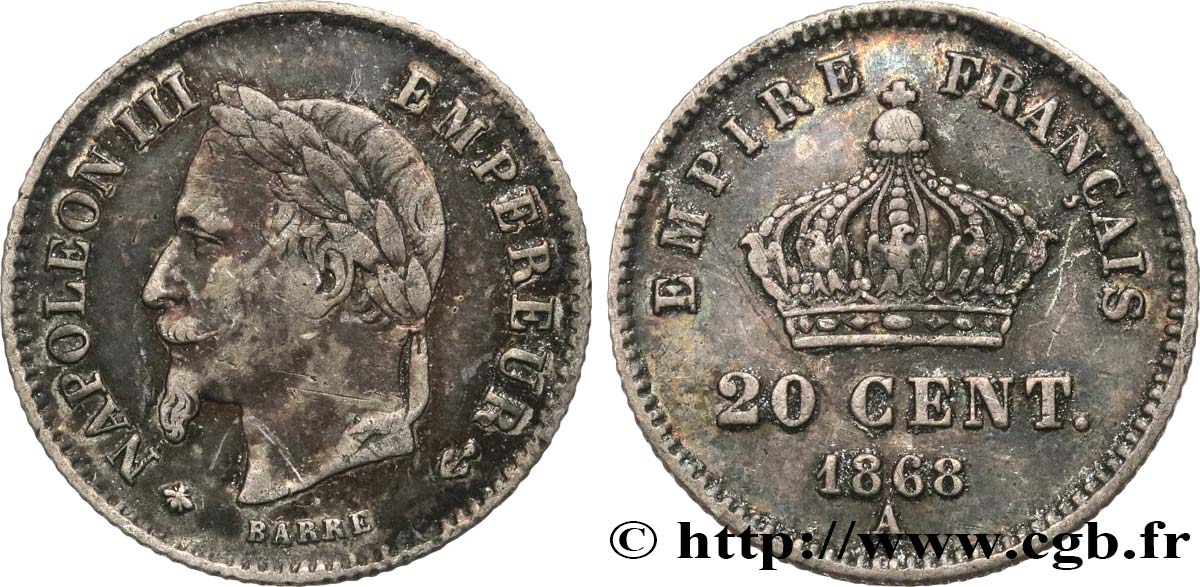 20 centimes Napoléon III, tête laurée, grand module 1868 Paris F.150/4 BC+ 