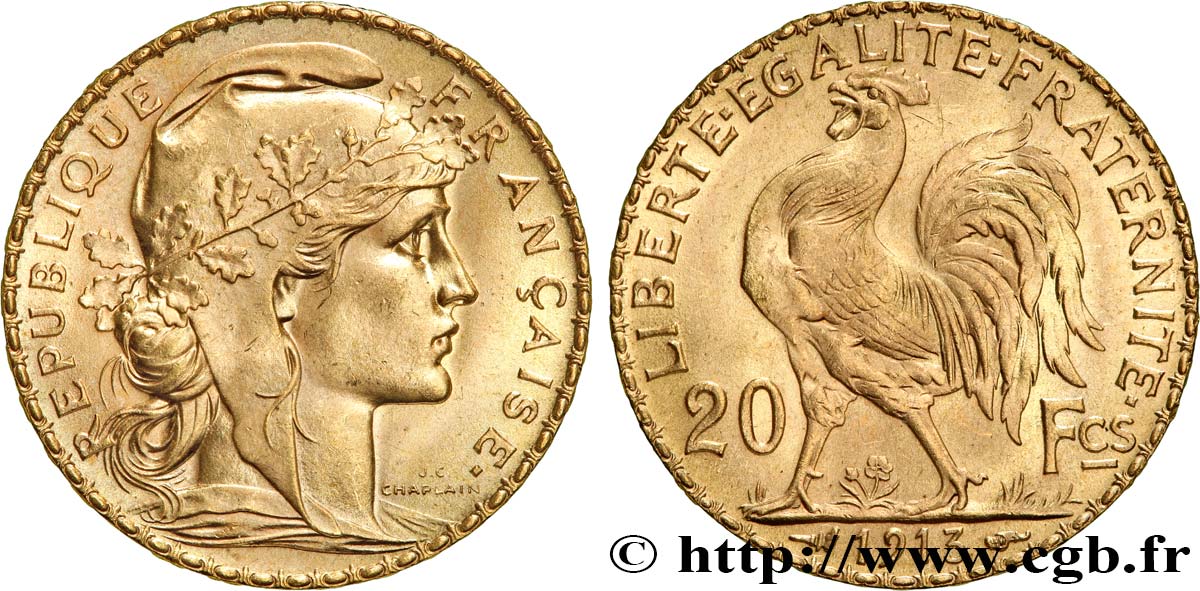 20 francs or Coq, Liberté Égalité Fraternité 1913 Paris F.535/7 fST 