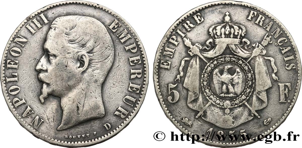5 francs Napoléon III, tête nue 1855 Lyon F.330/5 TB20 