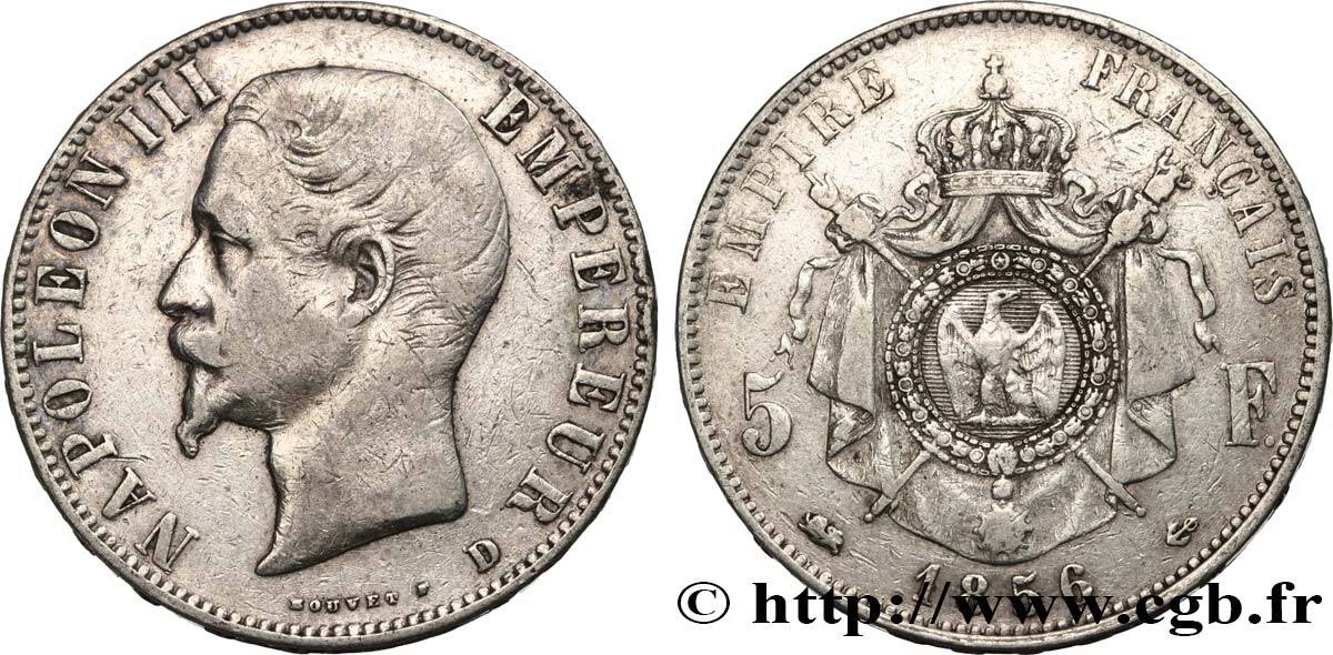 5 francs Napoléon III, tête nue 1856 Lyon F.330/9 VF20 