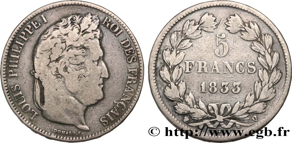 5 francs IIe type Domard 1833 Perpignan F.324/25 VF25 
