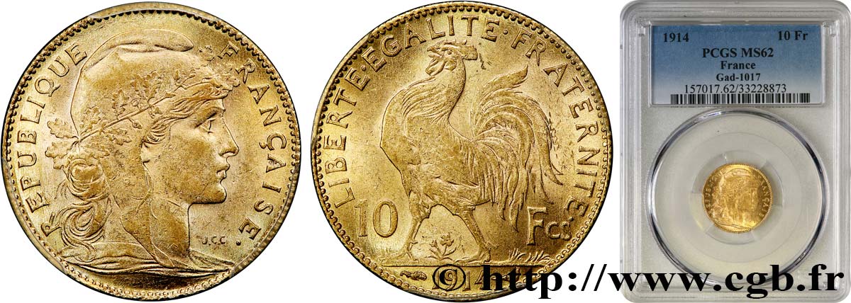10 francs or Coq 1914 Paris F.509/14 MS62 PCGS