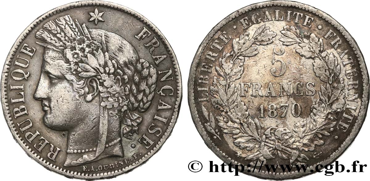 5 francs Cérès, avec légende 1870 Paris F.333/1 BC+ 