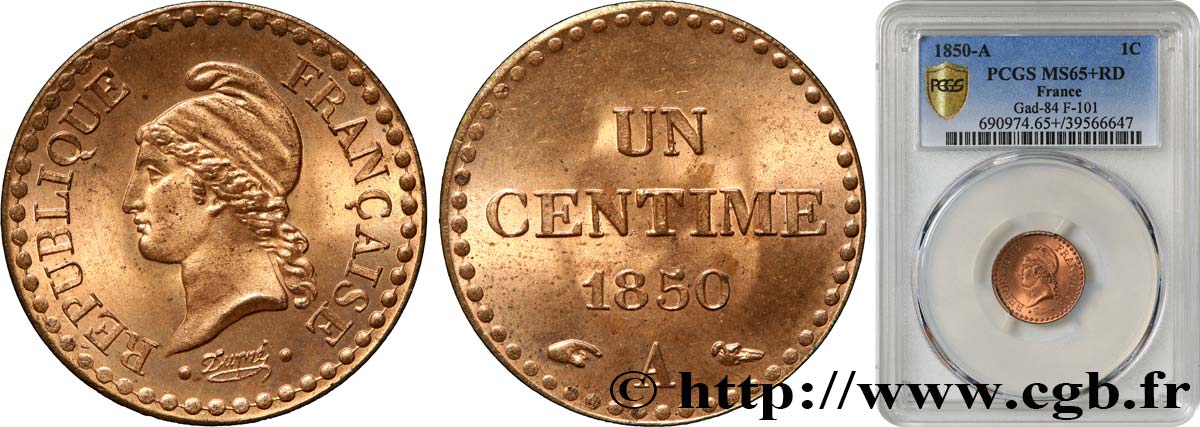Un centime Dupré, IIe République 1850 Paris F.101/5 MS65 PCGS
