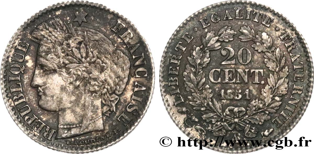 20 centimes Cérès, IIe République 1851 Paris F.146/7 TB25 