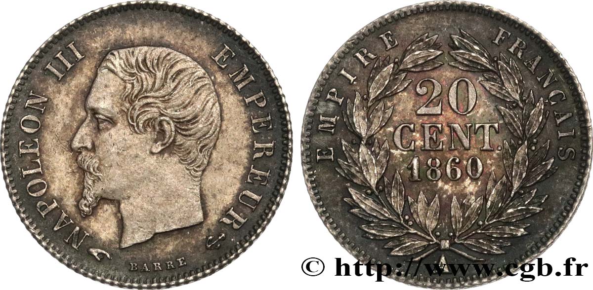 20 centimes Napoléon III, tête nue 1860 Paris F.148/14 MBC50 