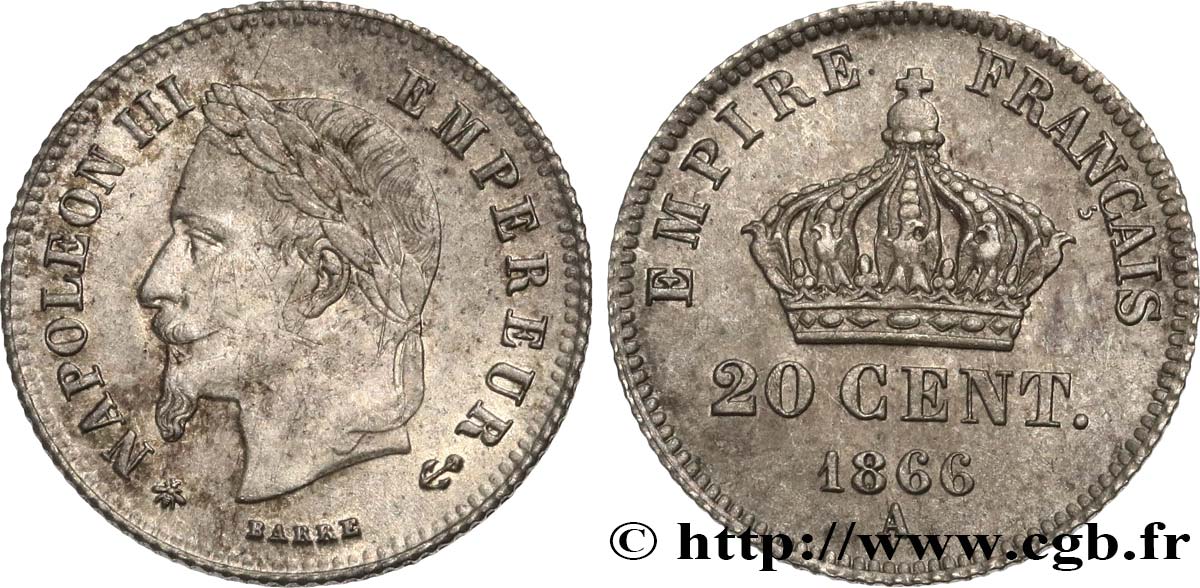 20 centimes Napoléon III, tête laurée, petit module 1866 Paris F.149/4 SS45 