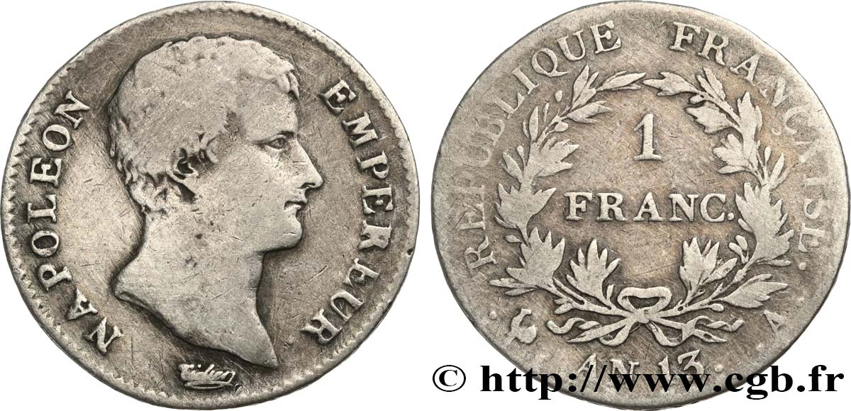 1 franc Napoléon Empereur, Calendrier révolutionnaire 1805 Paris F.201/14 TB25 