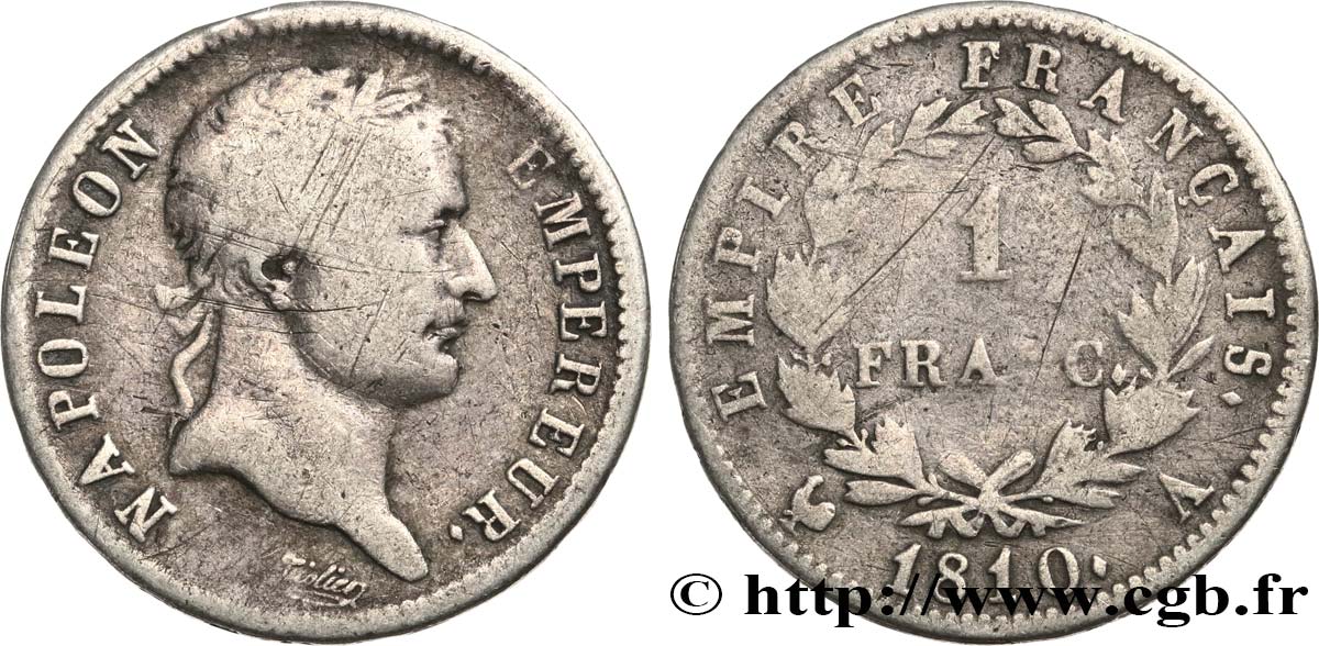 1 franc Napoléon Ier tête laurée, Empire français 1810 Paris F.205/12 BC15 