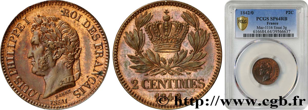 Essai de 2 centimes 1842 Paris VG.2935  fST64 PCGS