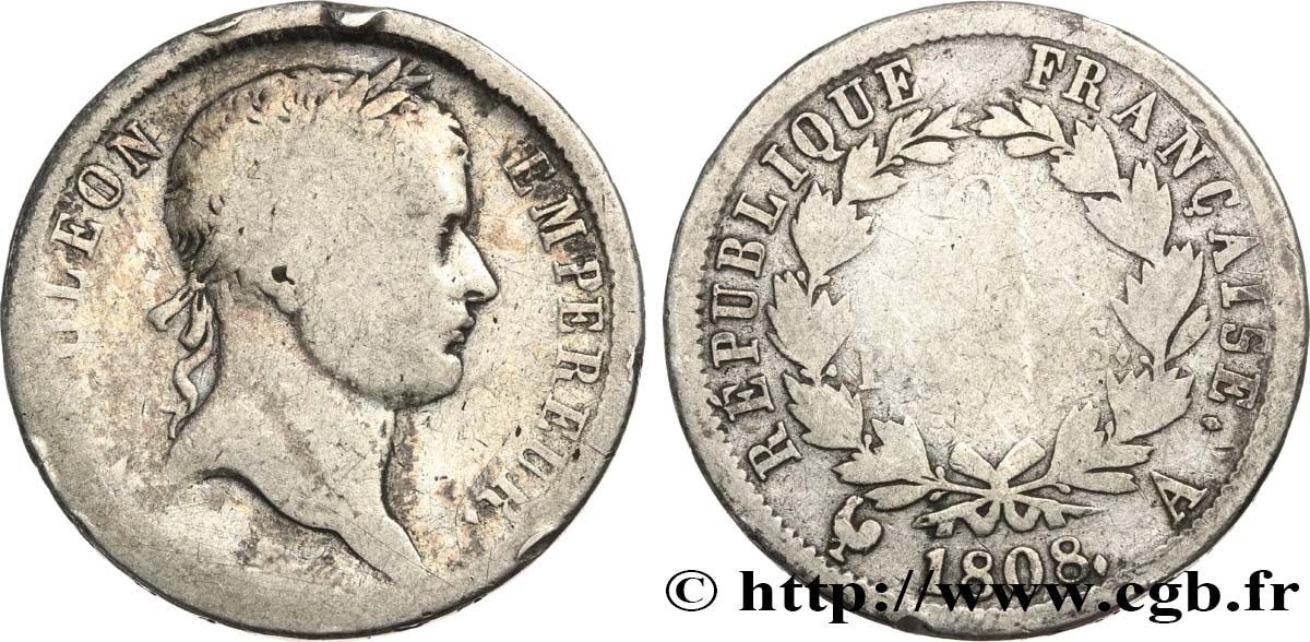 2 francs Napoléon Ier tête laurée, République française 1808 Paris F.254/4 B10 