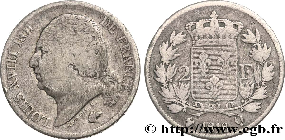 2 francs Louis XVIII 1818 Perpignan F.257/21 TB15 