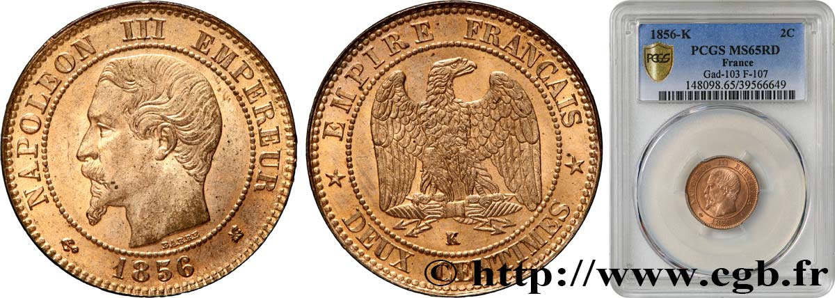 Deux centimes Napoléon III, tête nue 1856 Bordeaux F.107/41 MS65 PCGS