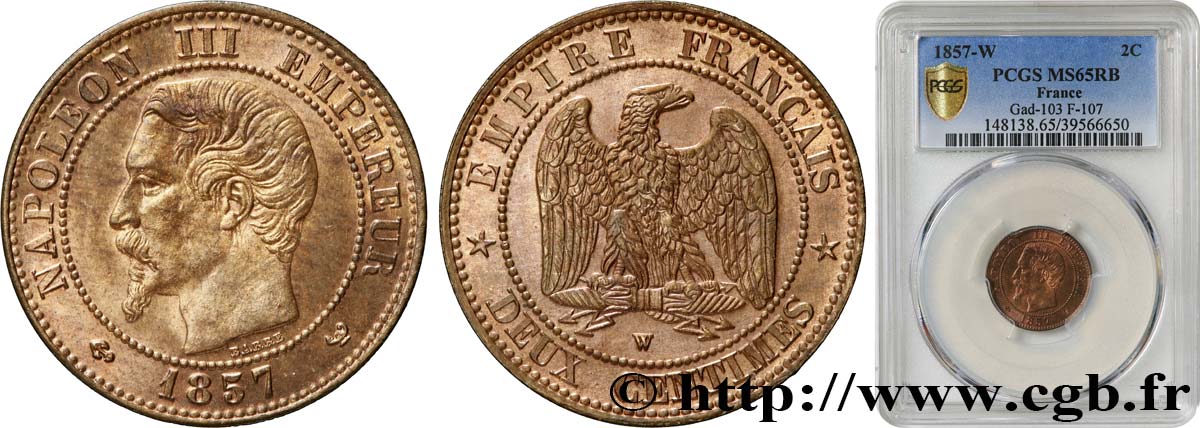 Deux centimes Napoléon III, tête nue 1857 Lille F.107/51 FDC65 PCGS