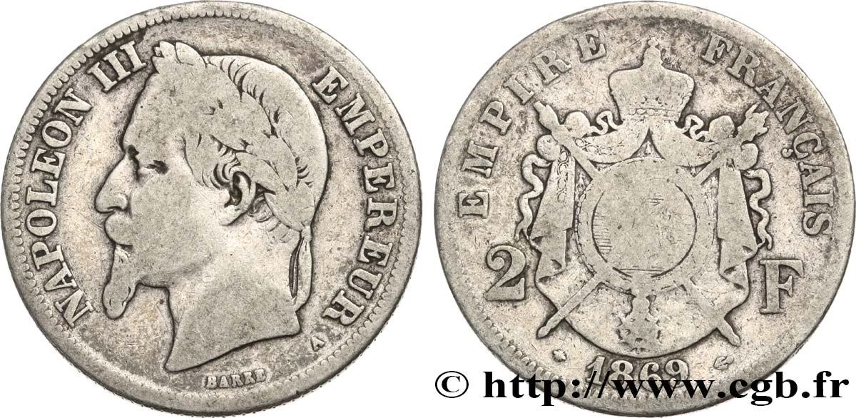2 francs Napoléon III, tête laurée 1869 Paris F.263/10 VF25 