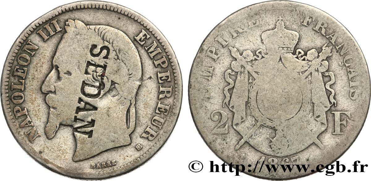 2 francs Napoléon III, tête laurée, contremarqué SEDAN 1867 Strasbourg F.263/6 var. RC12 