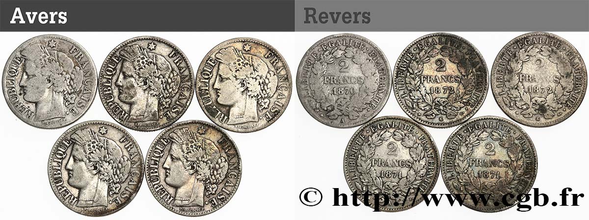 Lot de 5 pièces de 2 francs Cérès avec légende - - F.265/- TB 