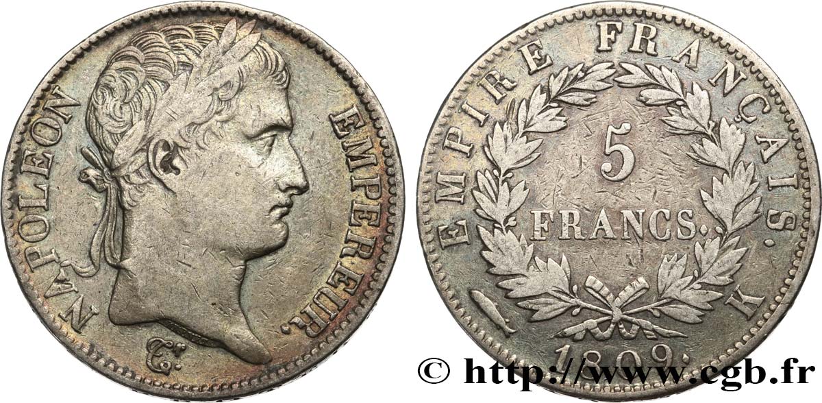5 francs Napoléon Empereur, Empire français 1809 Bordeaux F.307/7 TB35 